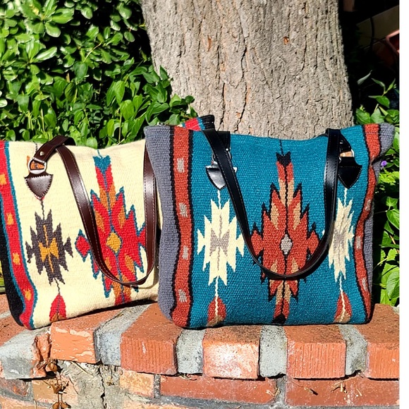 SOUTHWESTERN Saddle Blanket Bag Tote Purse Wool Aztec Tribal Turquoise Red Wool - Picture 12 of 12